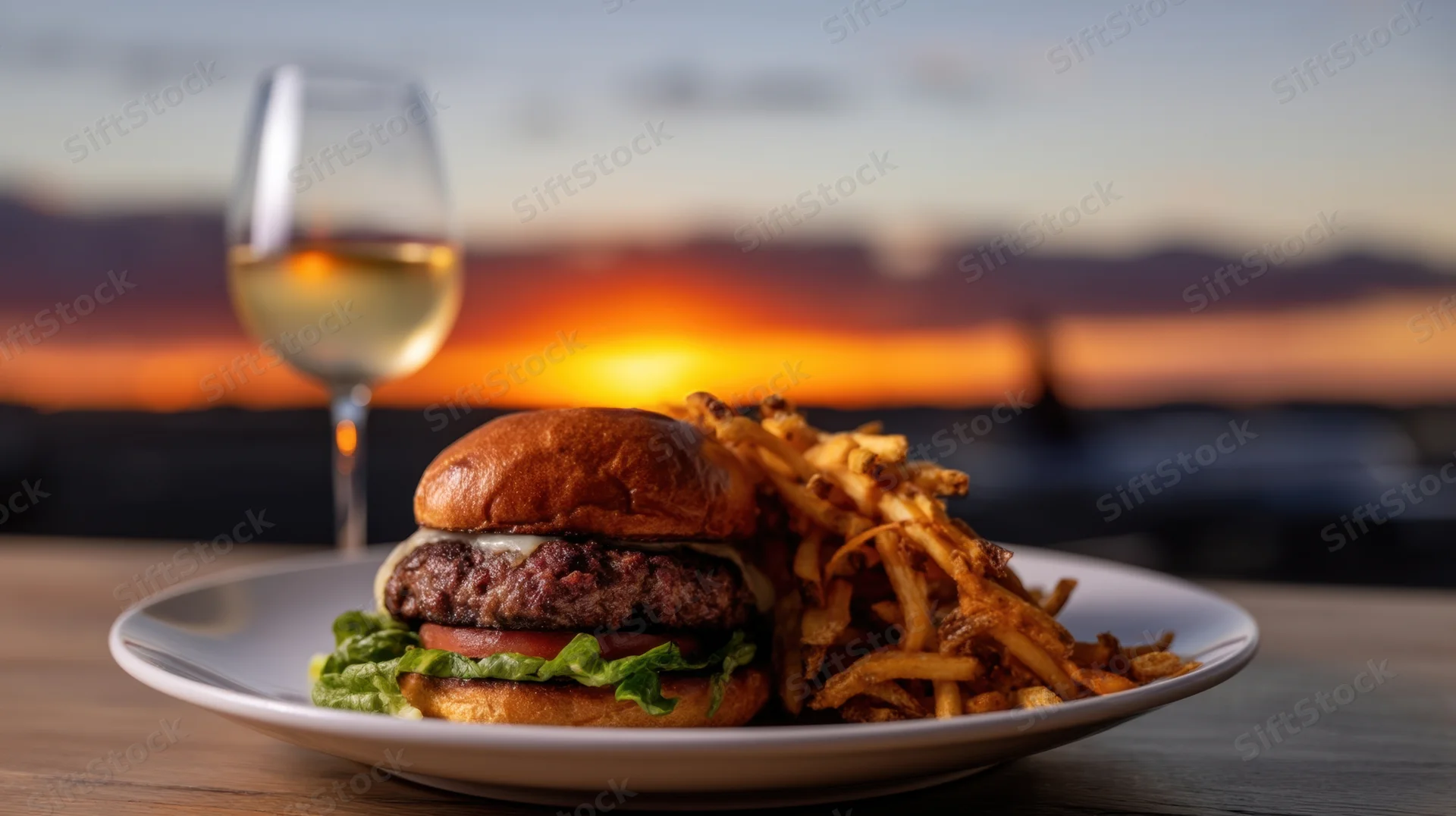 Burger with fries and a glass of white wine on a plate at sunset