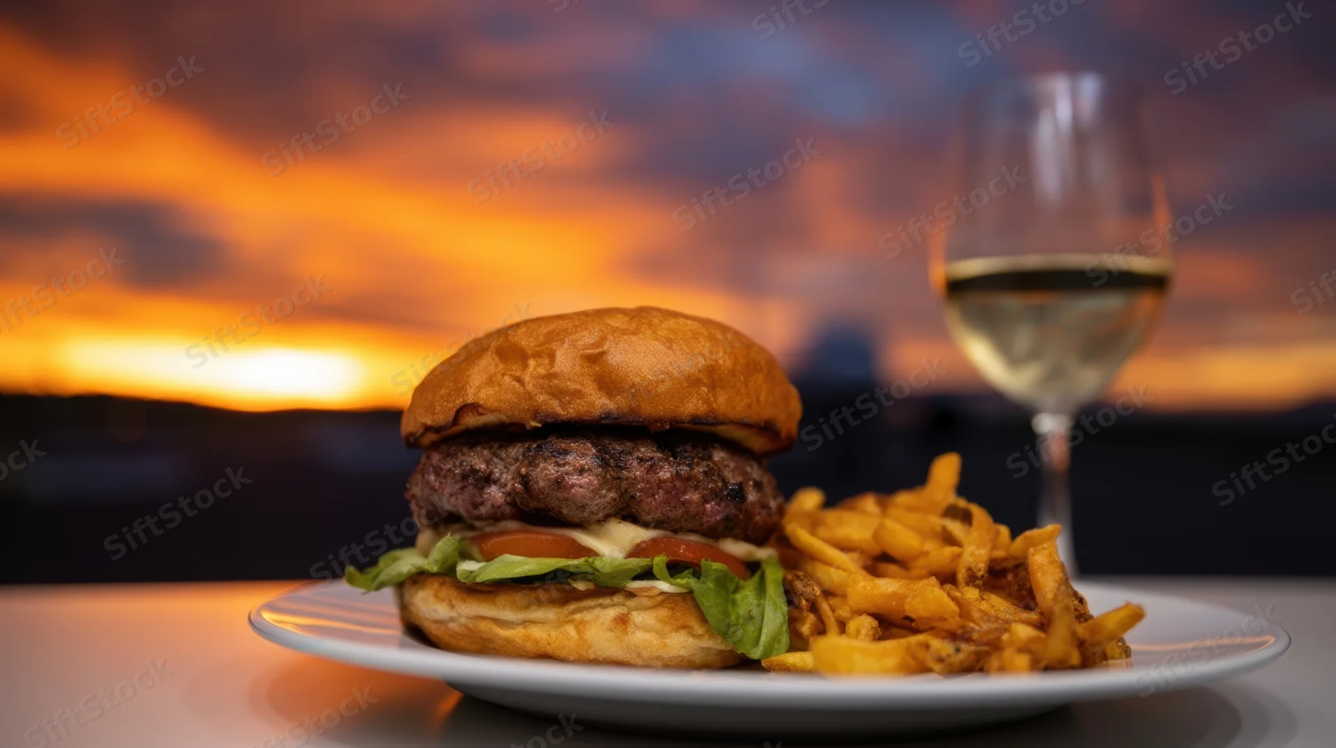 Gourmet burger with fries and white wine on a plate at sunset