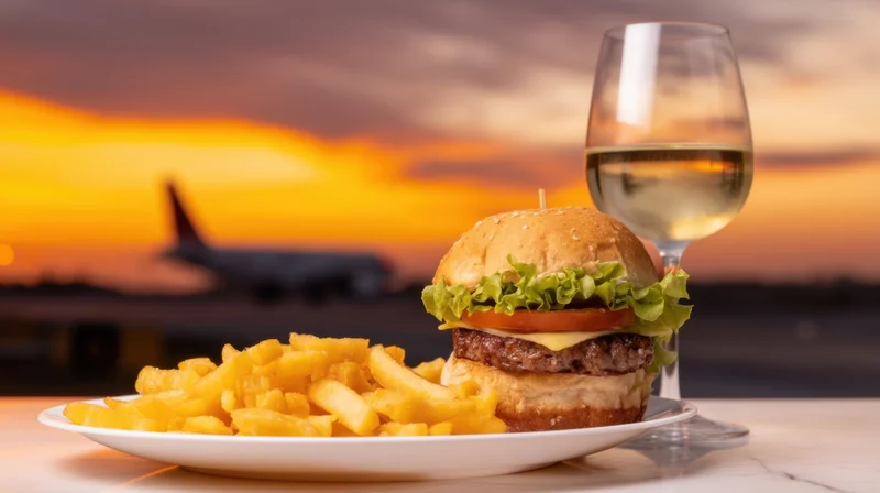 Burger with fries and wine on a plate at an airport lounge during sunset
