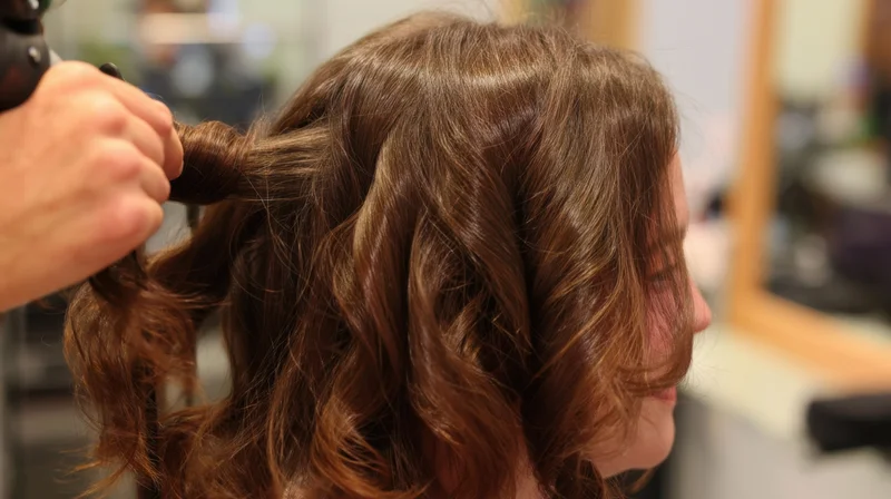 Woman receiving hair styling with curling iron in salon