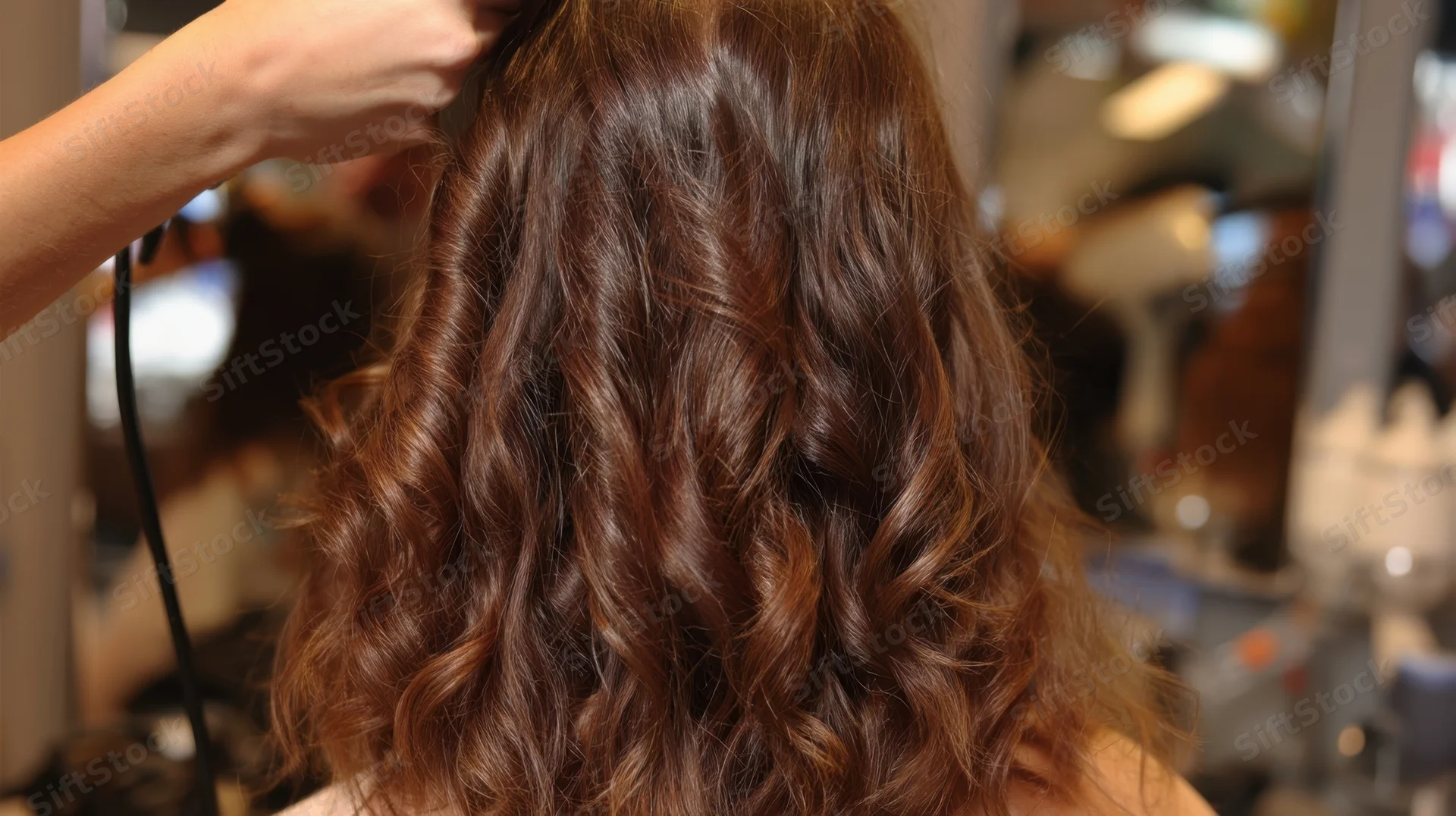 Woman with wavy brown hair being styled by a stylist in a salon
