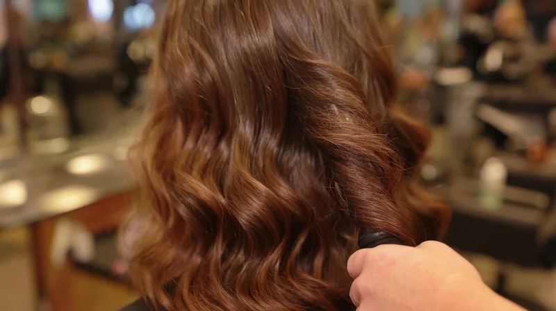 Woman with wavy brown hair being styled with a curling iron in a salon