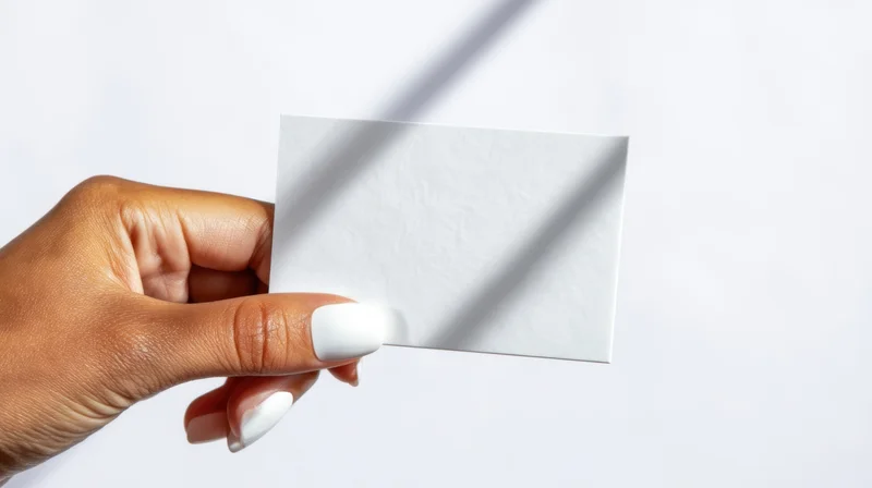 Hand holding a blank white business card against a plain white background