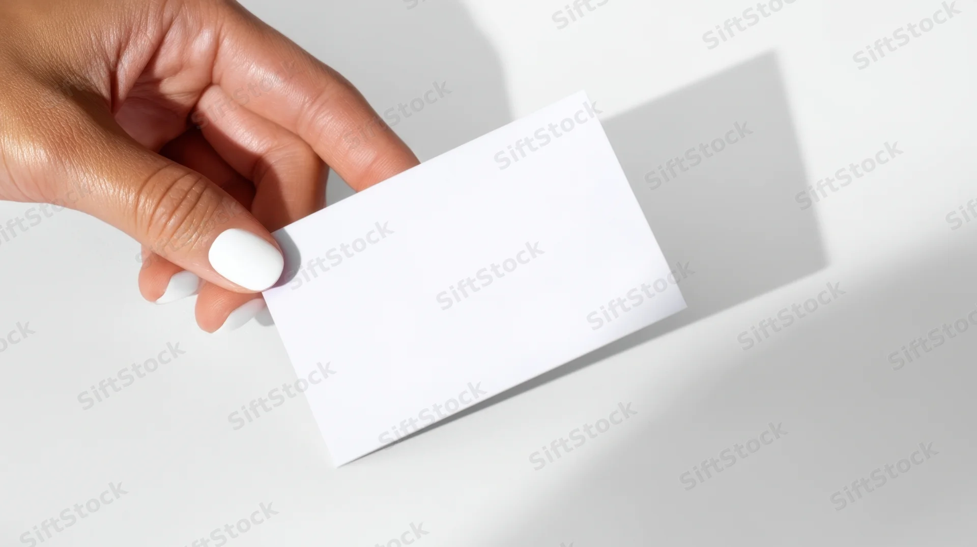 Hand holding a blank white business card against a plain white background