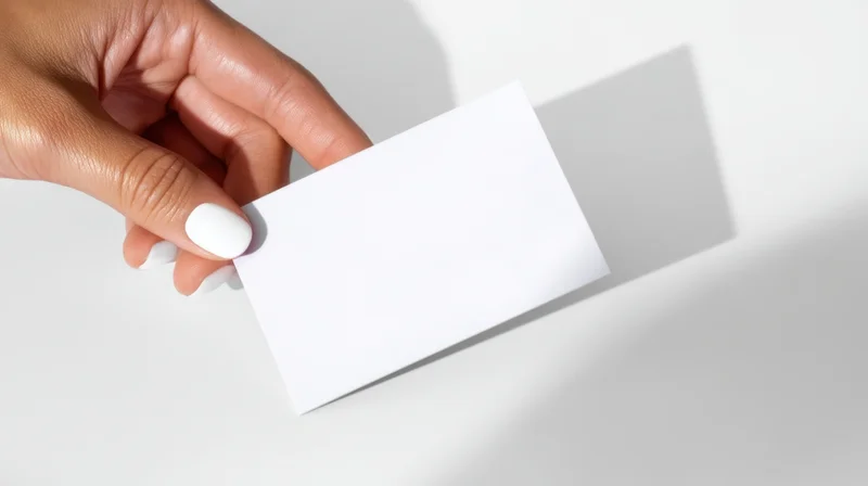 Hand holding a blank white business card against a plain white background