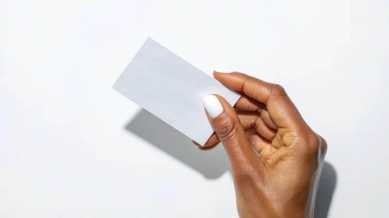 Woman's hand holding a blank white business card against a white background