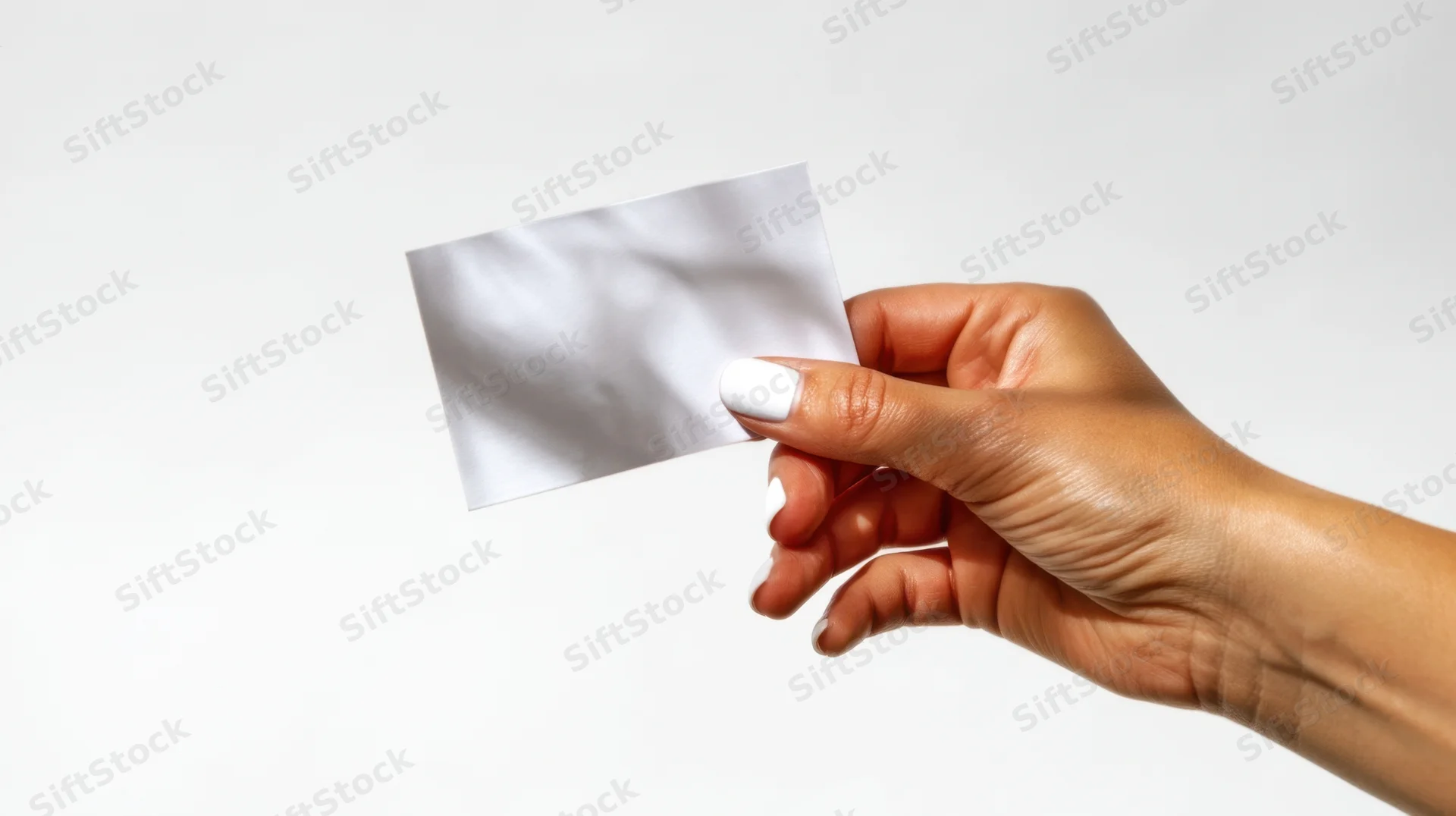 Woman's hand holding a blank white business card against a plain white background