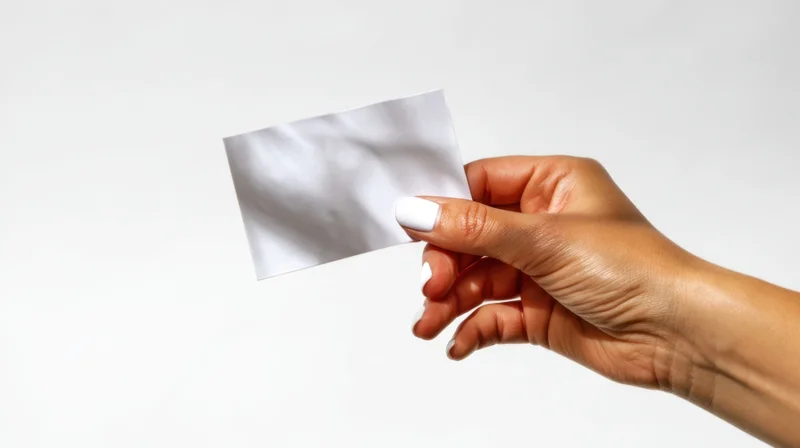 Woman's hand holding a blank white business card against a plain white background