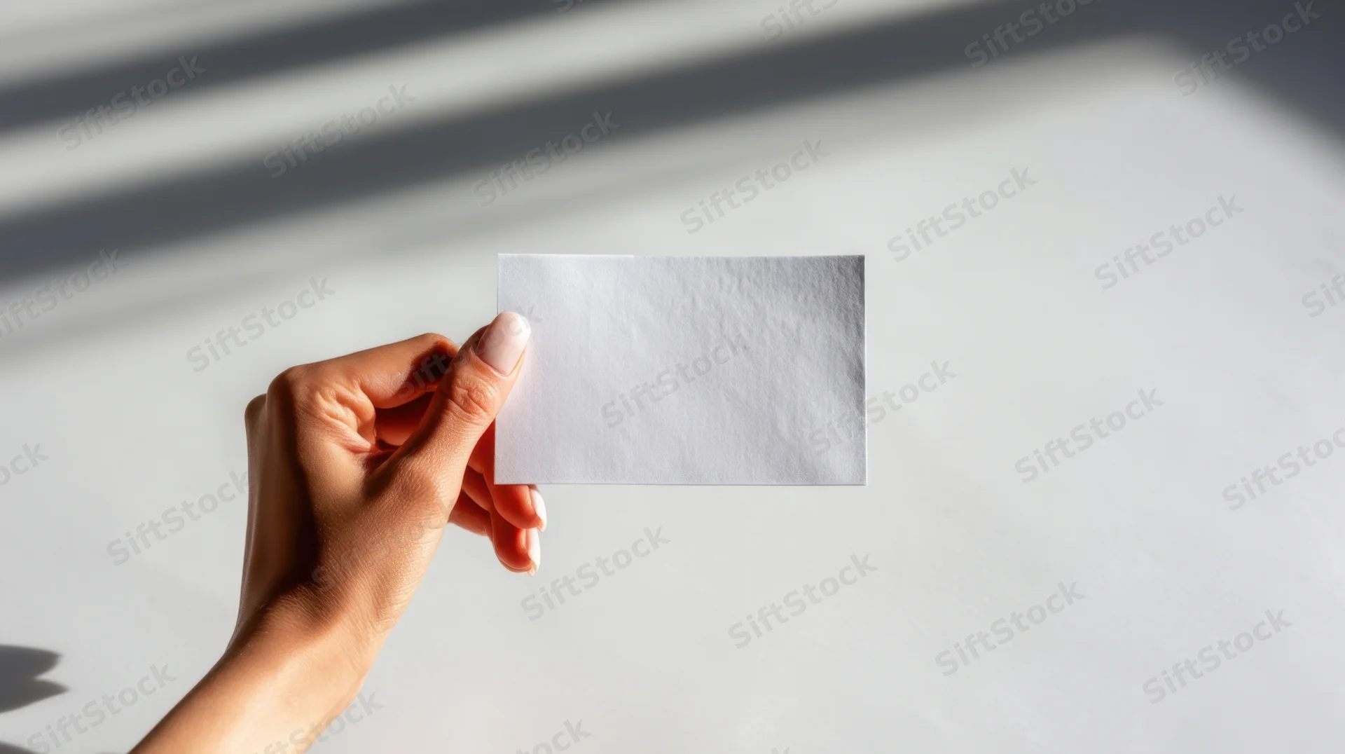 Hand holding a blank white card against a light wall with window shadows