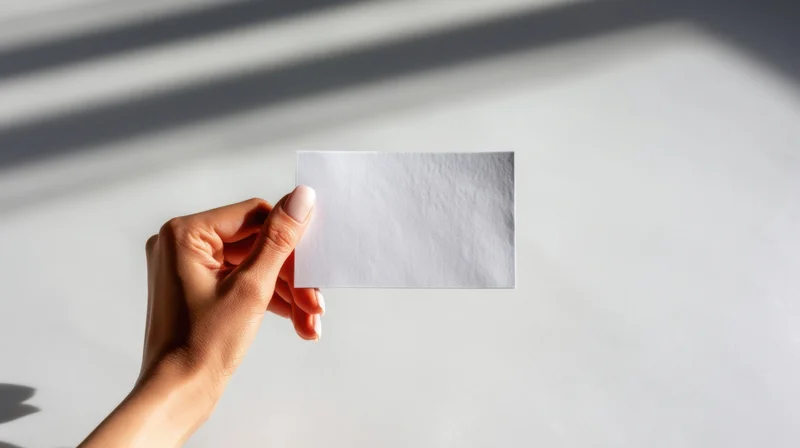 Hand holding a blank white card against a light wall with window shadows