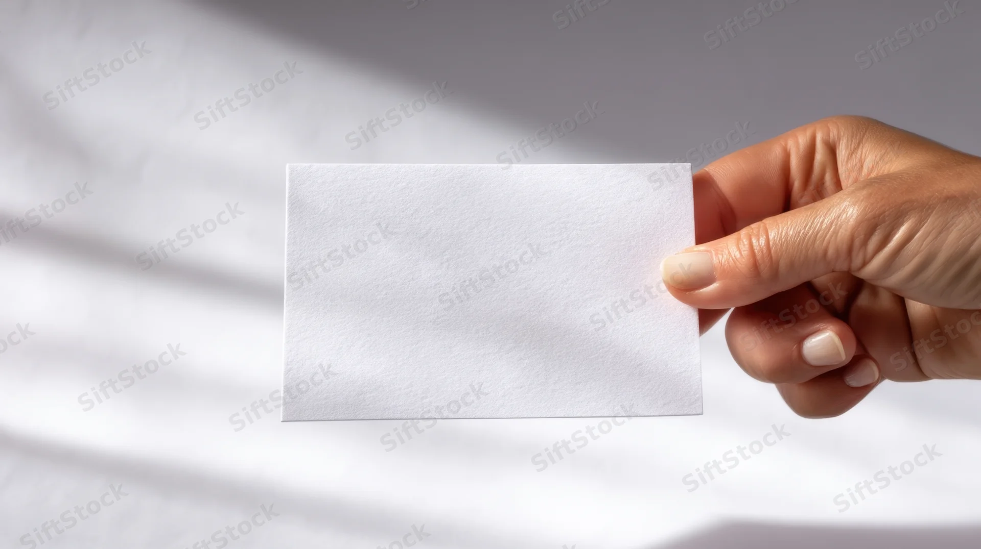 Hand holding a blank white card against a light background with soft shadows
