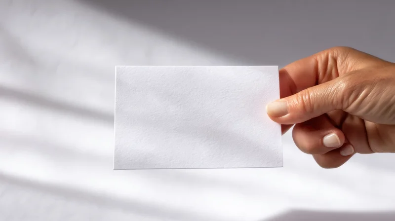 Hand holding a blank white card against a light background with soft shadows