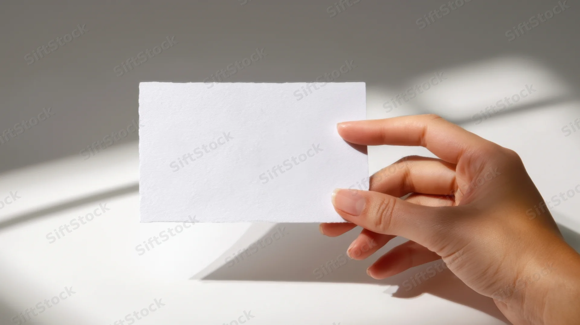 Hand holding blank white card against bright background with shadows
