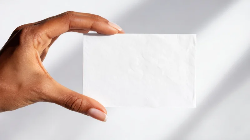 Hand holding a blank white business card against a bright background
