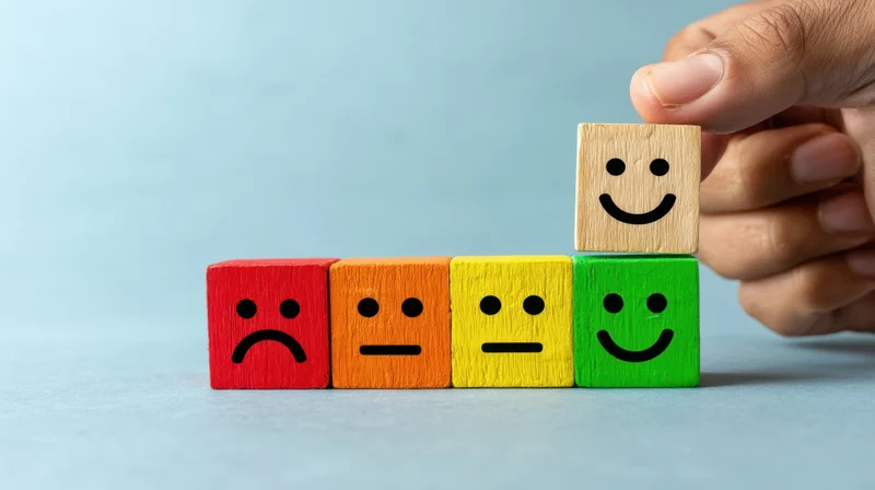 Hand placing a smiling wooden block on top of a row of colored blocks with facial expressions indicating feedback levels