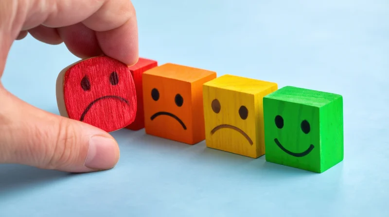 Hand selecting a red sad face block from a row of colored emotion cubes on a blue surface