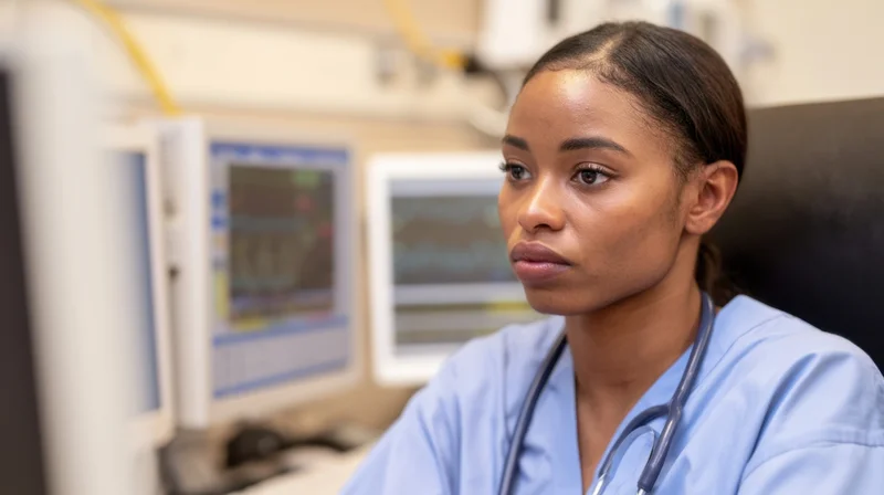Nurse in blue scrubs concentrating on patient monitor in hospital room
