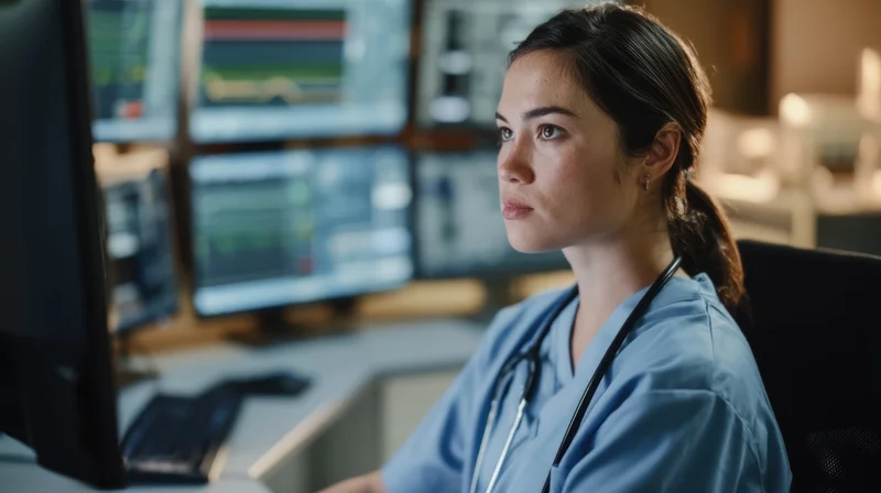 Nurse in blue scrubs concentrating on computer monitor in hospital control room