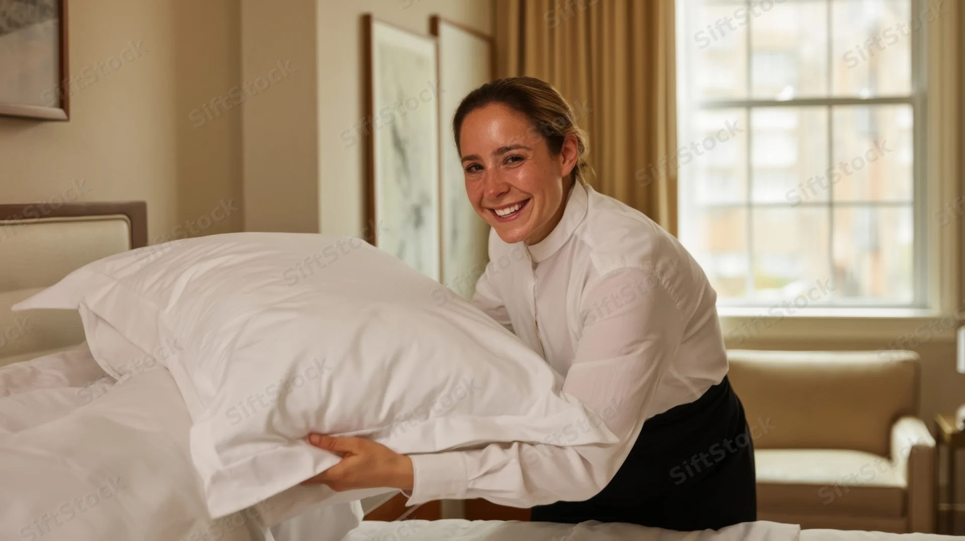 Woman smiling while arranging a white pillow on a bed in a hotel room