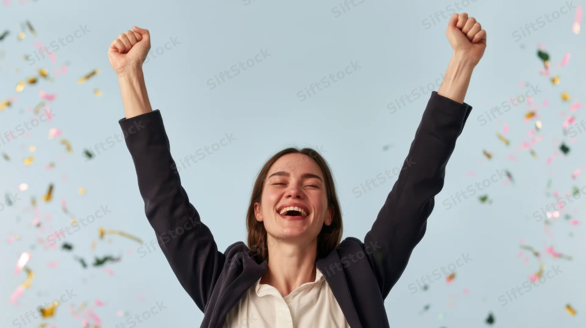 Woman raising arms in celebration with confetti falling around her against a light blue background