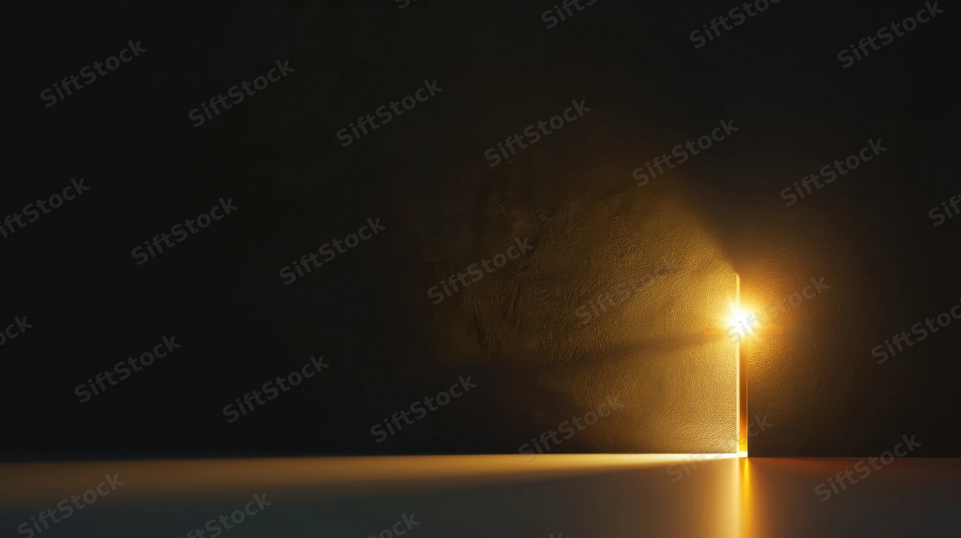 A glowing light source casting a warm beam and reflection on a dark surface
