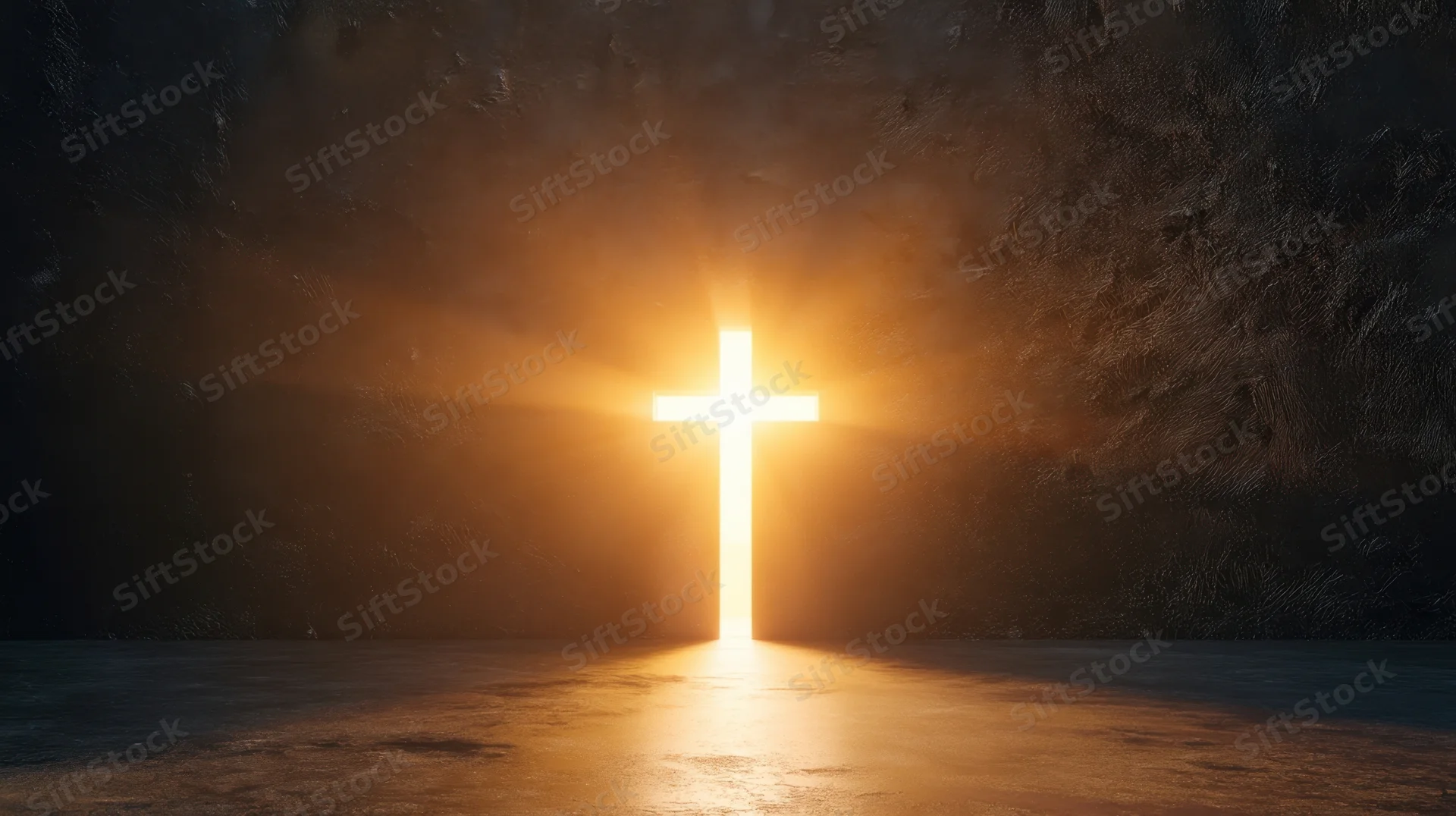 Glowing cross emitting light in a dark stone chamber