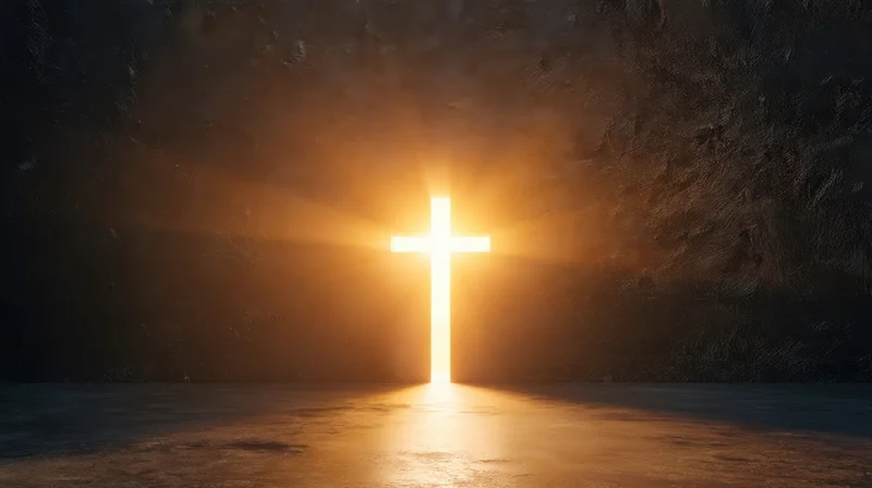 Glowing cross emitting light in a dark stone chamber