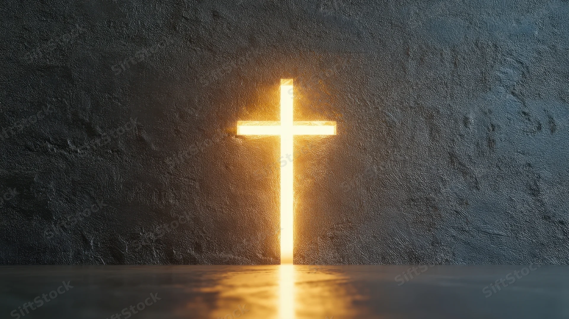 Glowing cross on a dark textured wall with light reflecting on the floor