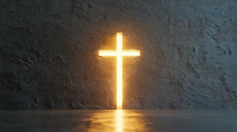 Glowing cross on a dark textured wall with light reflecting on the floor