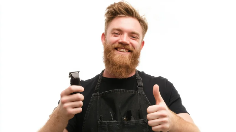 Smiling barber giving thumbs up while holding hairclippers, wearing black apron against white background