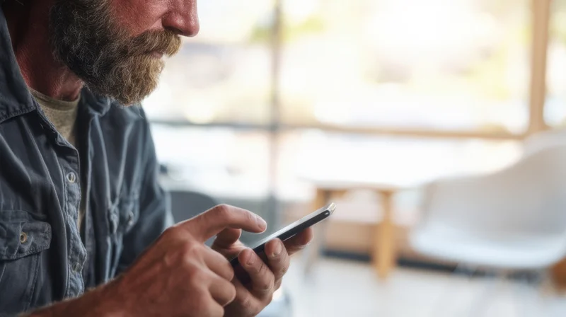 Man typing on smartphone in a modern living room with blurred background