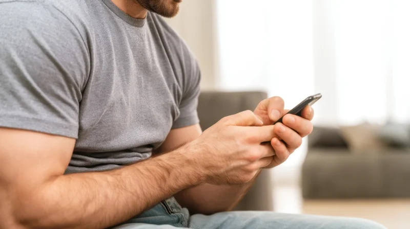 Man texting on smartphone while sitting on couch at home