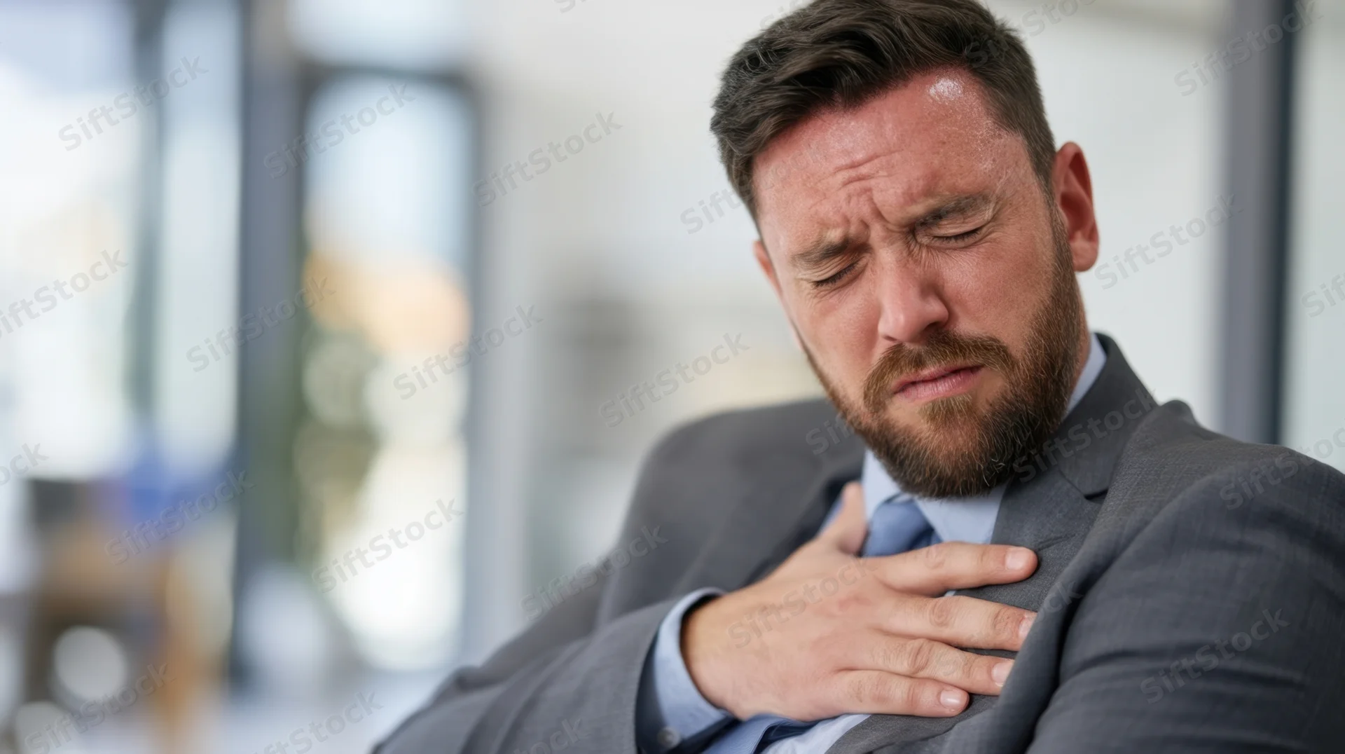 Man in suit holding chest in pain in office setting