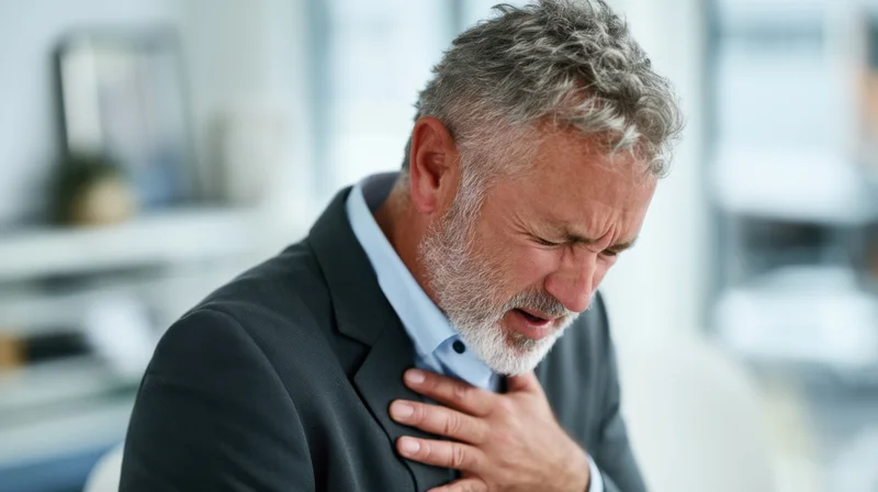 Senior man gripping his chest in pain while in an office setting