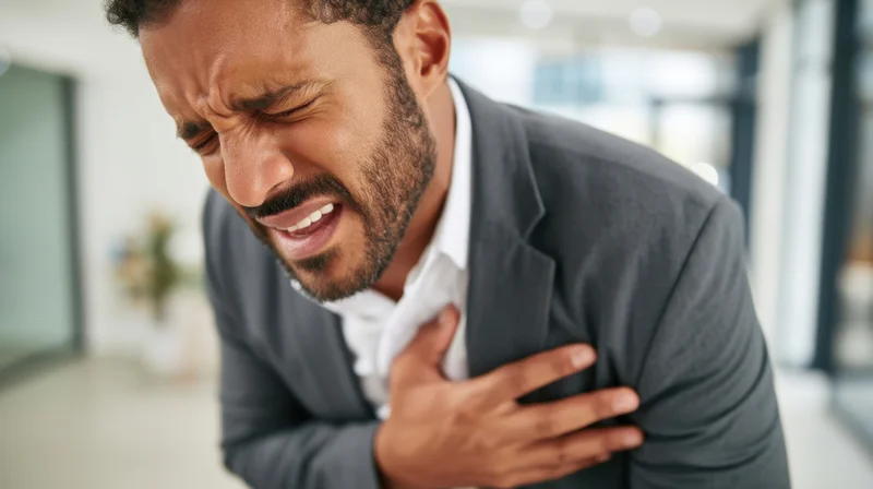 Man clutching his chest in pain in an office setting
