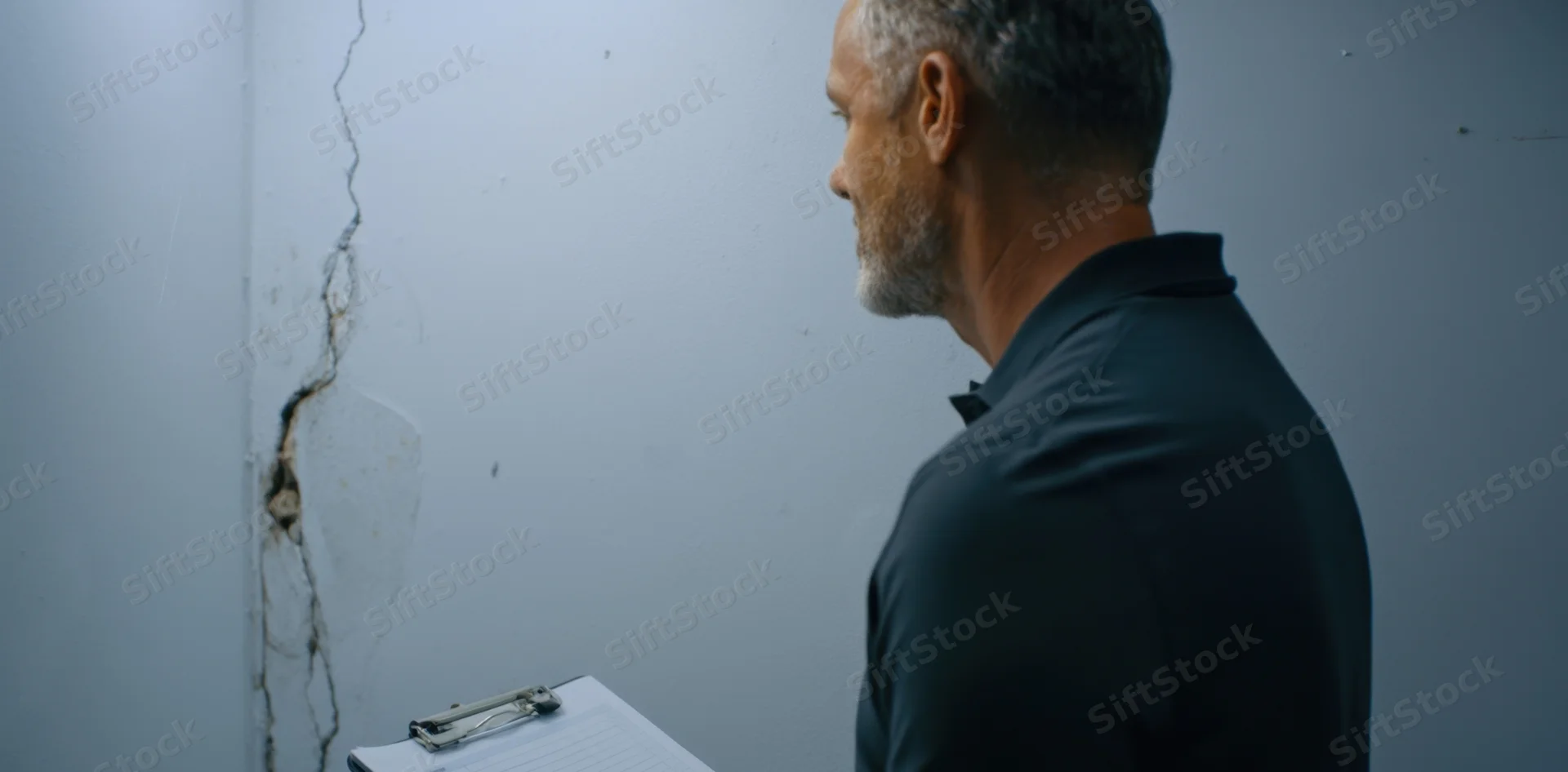Man inspecting crack in wall with clipboard in hand