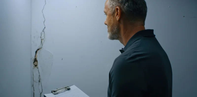 Man inspecting crack in wall with clipboard in hand