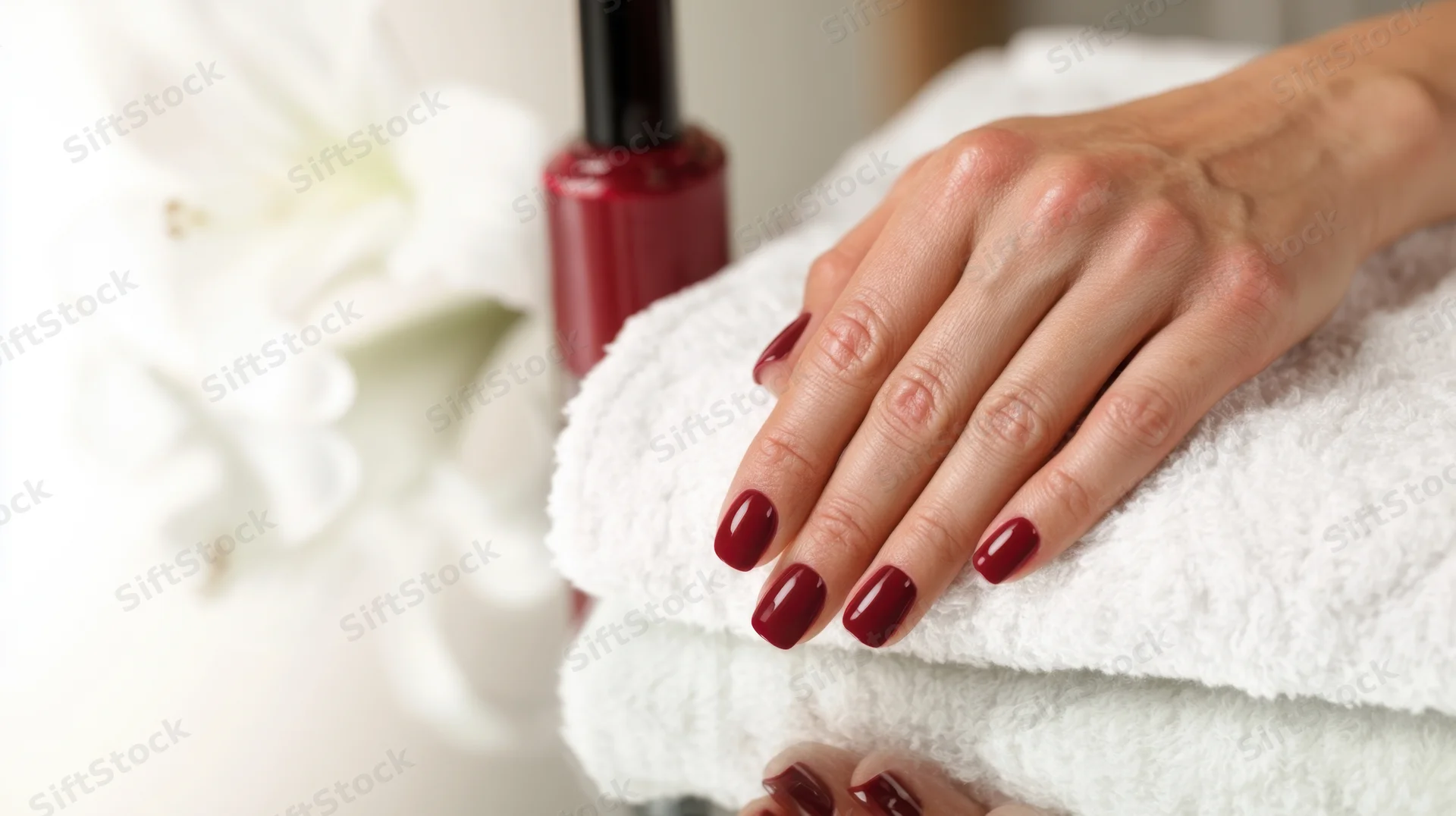 Woman's hand with red manicure resting on white towel near nail polish bottle and flower