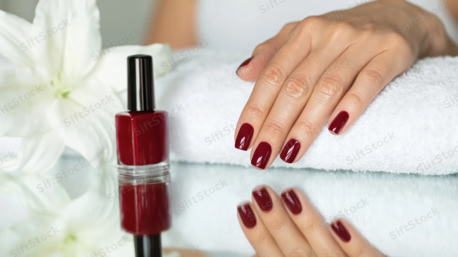 Woman's hands with red manicure resting on white towel beside nail polish bottle and white lily