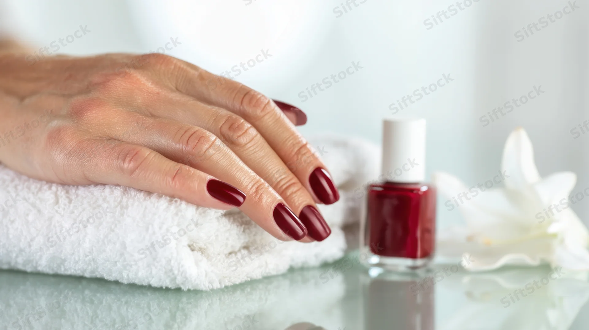 Woman's hand with red manicure resting on white towel beside nail polish bottle and flower