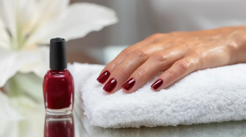 Woman's hand with red manicure resting on white towel beside nail polish bottle