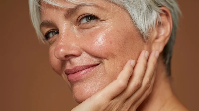 Mature woman smiling with hand on cheek against warm brown background