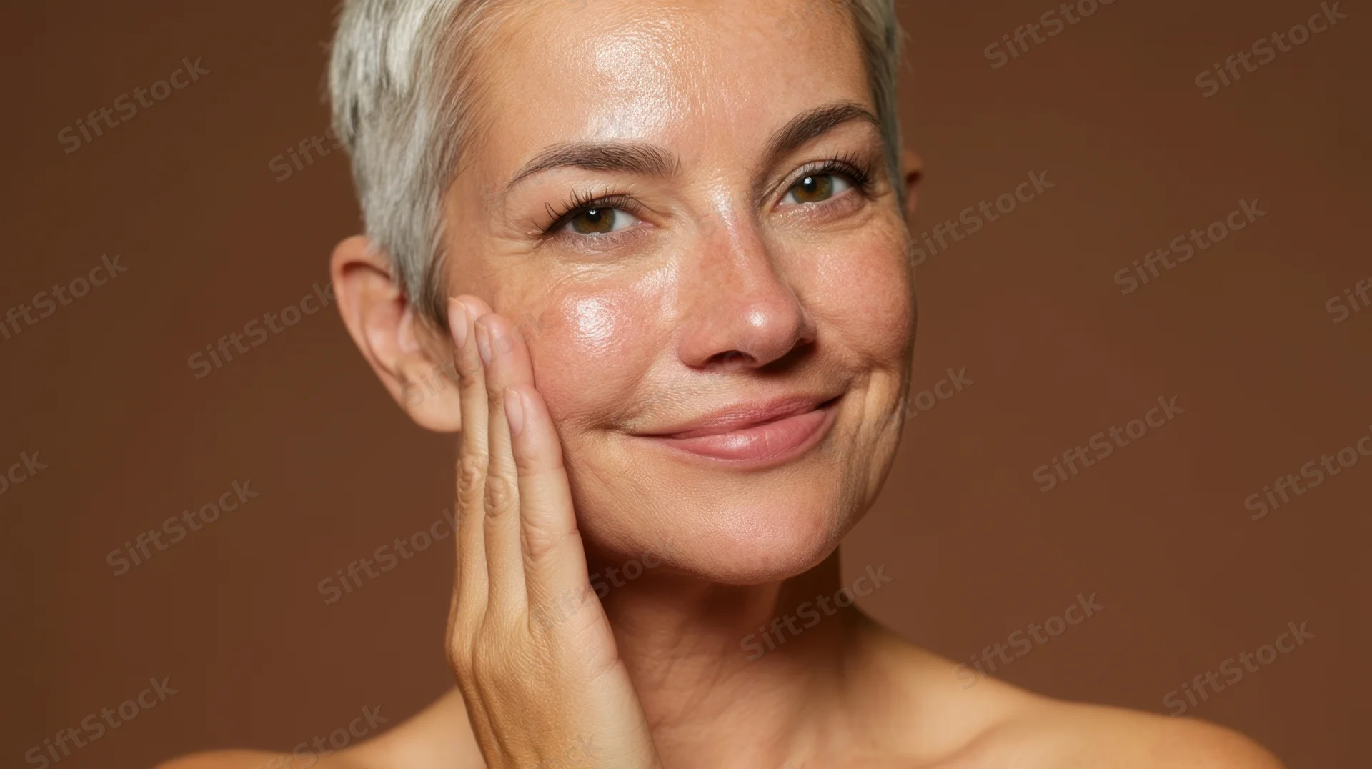 Mature woman touching her face with hand, showing healthy glowing skin against brown background