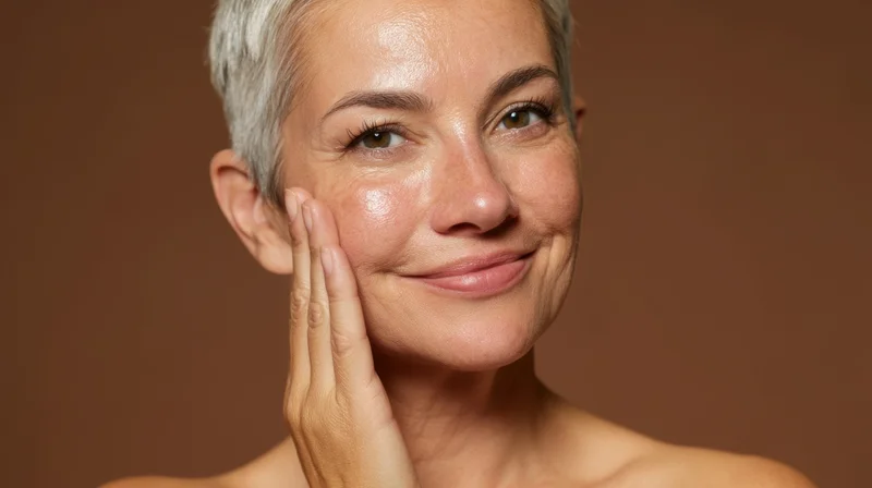 Mature woman touching her face with hand, showing healthy glowing skin against brown background