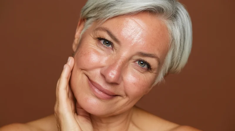 Mature woman smiling with hand on cheek against brown background