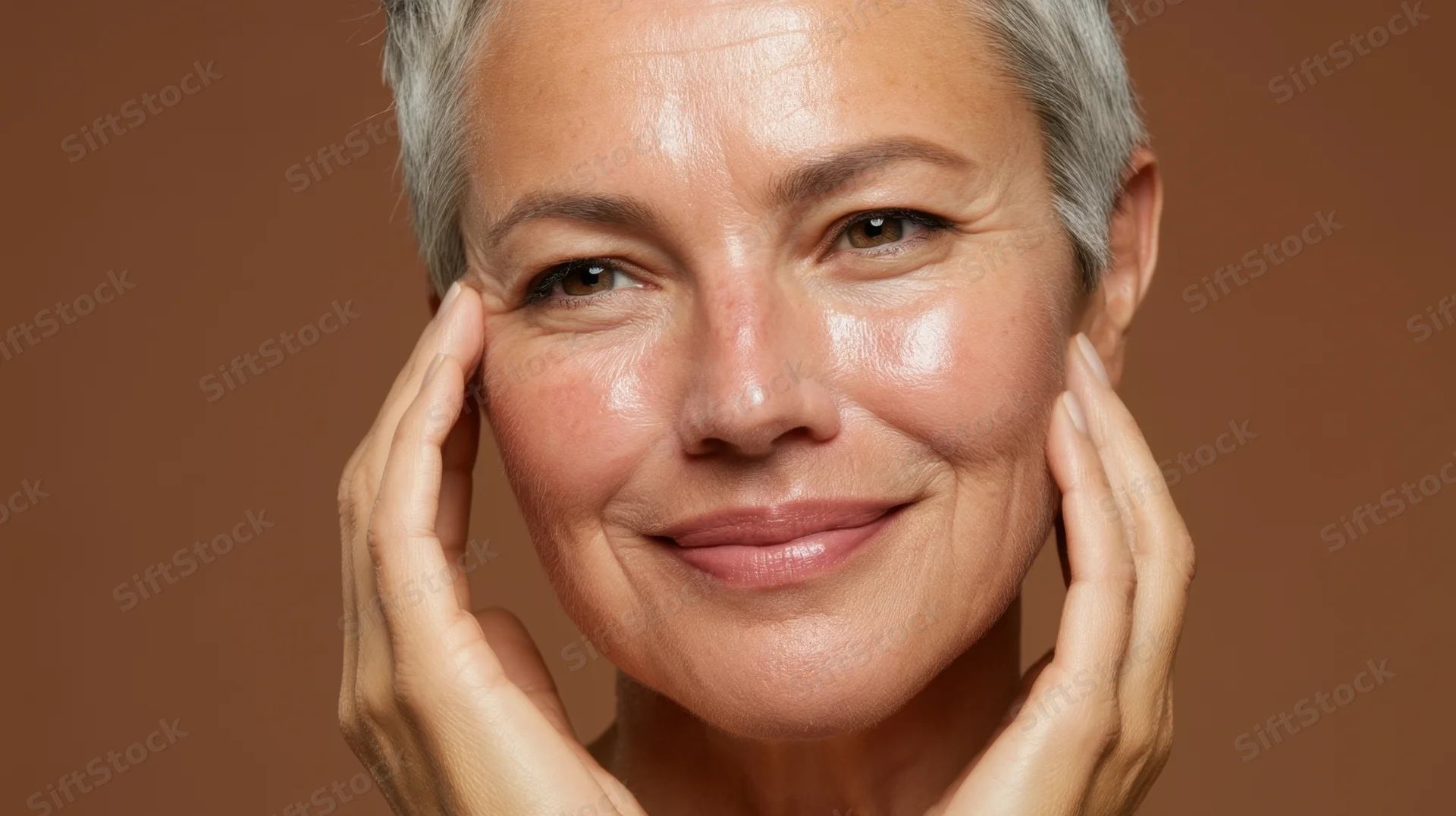 Mature woman smiling with hands gently touching her face in studio portrait