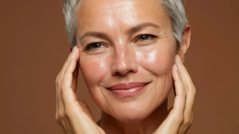 Mature woman smiling with hands gently touching her face in studio portrait