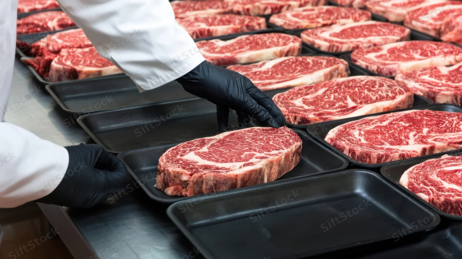 Butcher placing raw marbled beef steaks into black trays in a meat processing facility