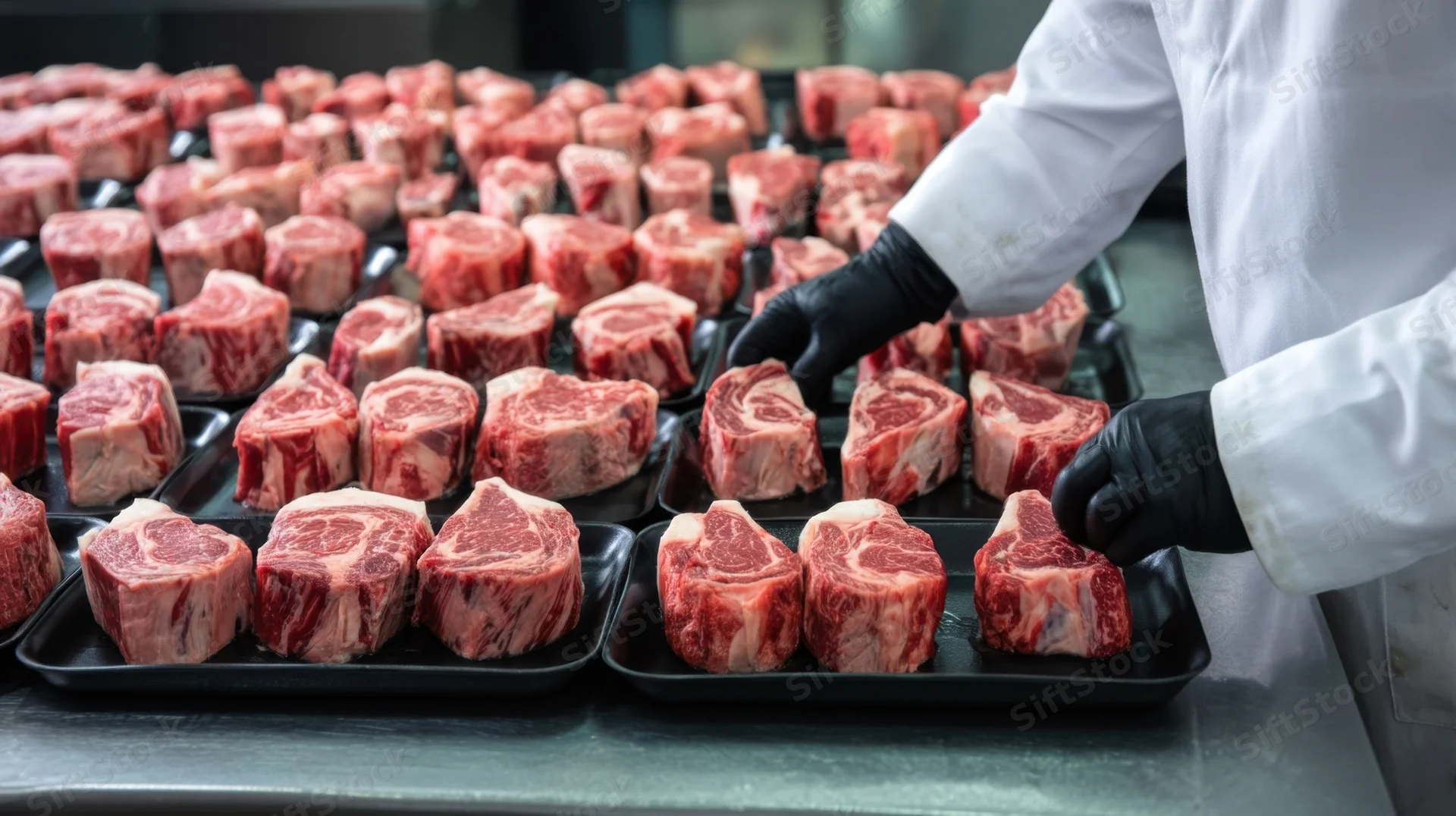 Butcher arranging raw beef cuts on trays in a meat processing facility