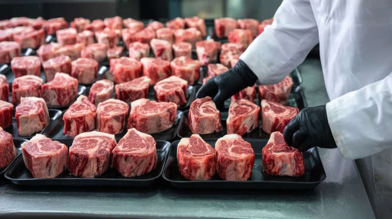 Butcher arranging raw beef cuts on trays in a meat processing facility